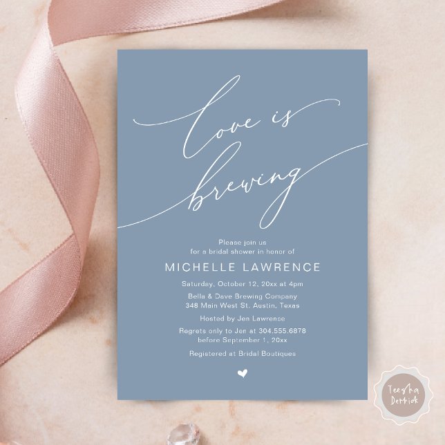 Love is Brewing, Bridal Shower Party Celebration Invitation (Love is Brewing, Bridal Shower Beer Party Wine Tasting Invitation Card PDF Contemporary Dusty Blue)