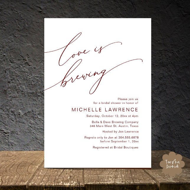 Love is Brewing, Bridal Shower Party Celebration Invitation (Love is Brewing, Bridal Shower Beer Party Wine Tasting Invitation Card PDF Contemporary Burgundy Red)