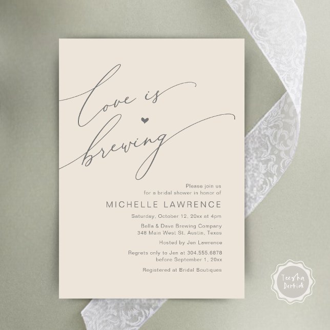 Love is Brewing, Bridal Shower Party Celebration Invitation (Love is Brewing, Bridal Shower Beer Party Wine Tasting Invitation Card PDF Contemporary Cream Grey)