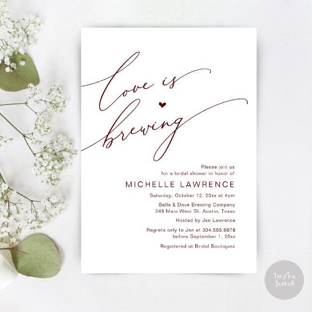 Love is Brewing, Bridal Shower Party Celebration Invitation (Love is Brewing, Bridal Shower Beer Party Wine Tasting Invitation Card PDF Contemporary Burgundy Red)