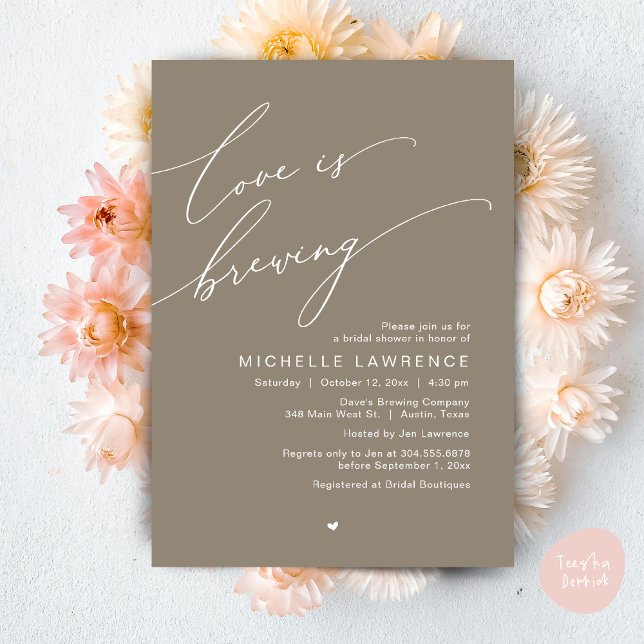 Love is Brewing, Bridal Shower Party Celebration Invitation (Love is Brewing, Bridal Shower Party Beer Wine Tasting Romantic Invites Card Charm Neutral Taupe)