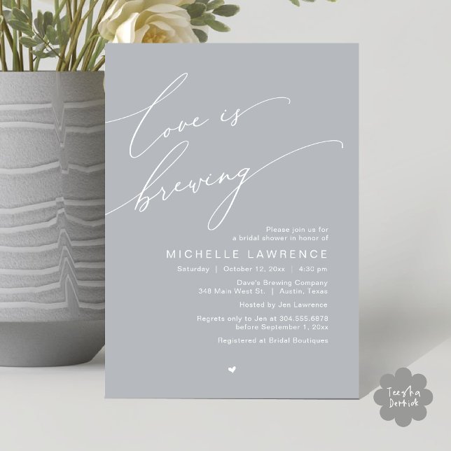 Love is Brewing, Bridal Shower Party Celebration Invitation (Love is Brewing, Bridal Shower Party Beer Wine Tasting Romantic Invites Card Charm Chill Grey)