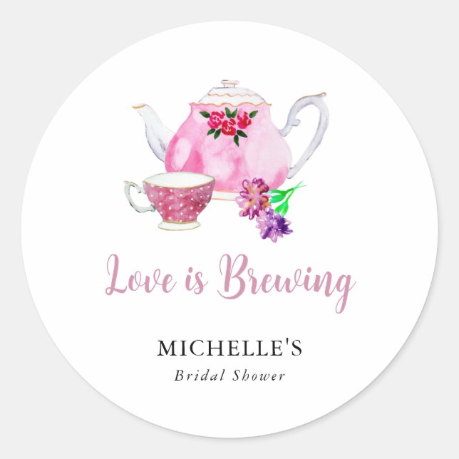 Love is Brewing Bridal Shower Tea Party  Classic Round Sticker (Front)