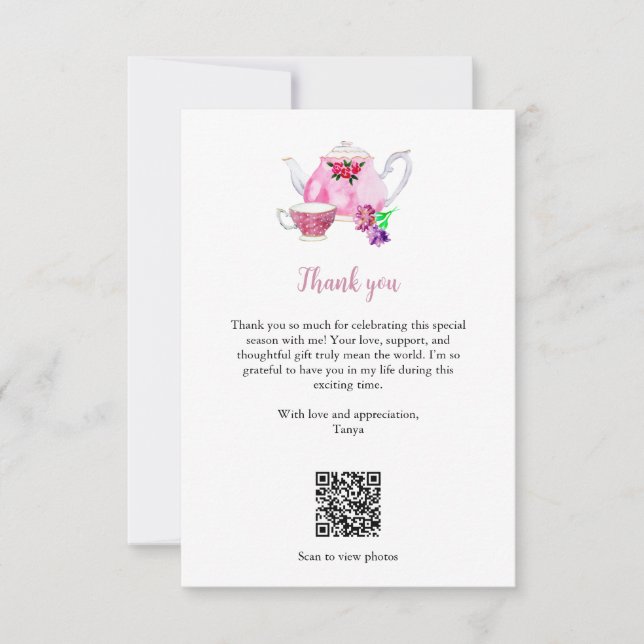 Love is Brewing Bridal Shower Tea Party QR Code Thank You Card (Front)