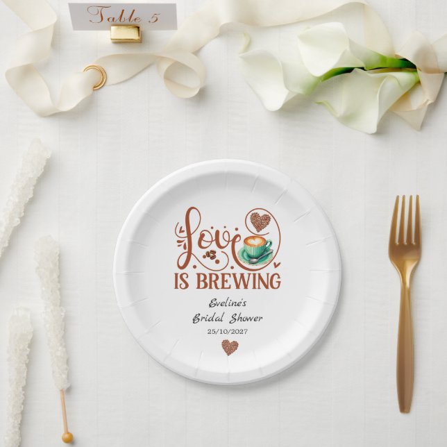 Love Is Brewing Bridal Shower Terracotta Coffee  Paper Plate (Wedding)