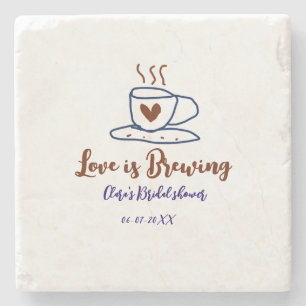 Love is Brewing brown blue bridal shower add name  Stone Coaster