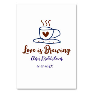 Love is Brewing brown blue bridal shower add name Table Number