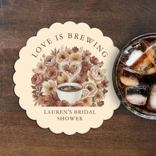 Love is Brewing Brown Floral Coffee Heart Bridal Paper Coaster