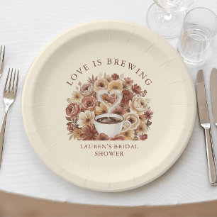 Love is Brewing Brown Floral Coffee Heart Bridal Paper Plate