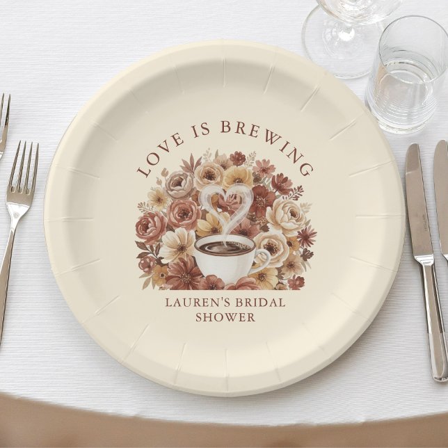 Love is Brewing Brown Floral Coffee Heart Bridal Paper Plate (Love is Brewing Brown Floral Coffee Heart Bridal Paper Plates
)