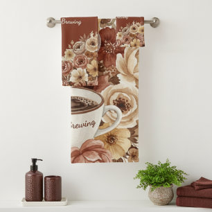 Love is Brewing Brown Floral Coffee Heart Mug Bath Towel Set