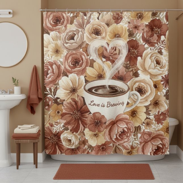Love is Brewing Brown Floral Coffee Heart Mug Shower Curtain (Love is Brewing Brown Floral Coffee Heart Mug Shower Curtain
)