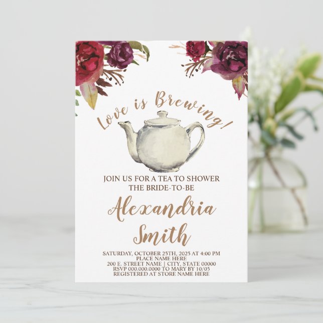 Love is Brewing | Burgundy Tea Bridal Shower Invitation (Standing Front)