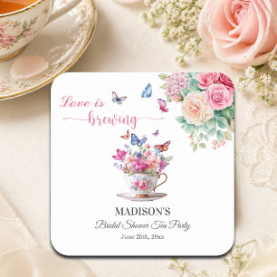 Love is Brewing Butterfly Bridal Shower Tea Party Square Paper Coaster