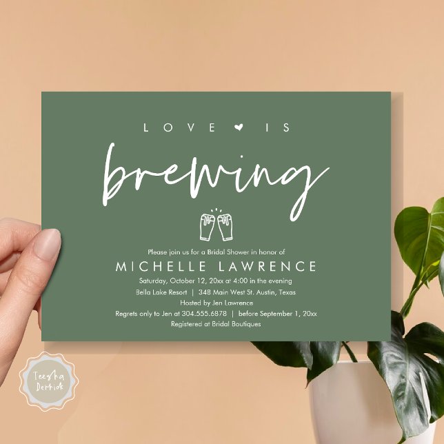 Love is brewing, Casual Beer Party Bridal Shower Invitation (Love is brewing, Modern Casual Romantic Beer Party Bridal Shower Invitation Card, PDF, Sage Green)