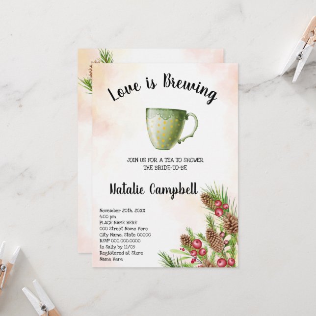 Love is Brewing Christmas Tea Bridal Shower Invitation (Front/Back In Situ)
