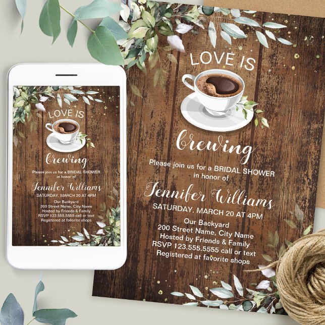 Love is brewing Coffee Bar Rustic Bridal Shower Invitation (Creator Uploaded)