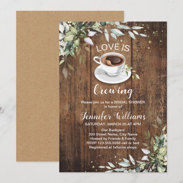 Love is brewing Coffee Bar Rustic Bridal Shower Invitation (Front/Back)