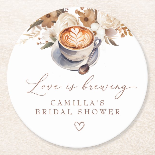 Love Is Brewing Coffee Boho Bridal Shower Round Paper Coaster (Front)