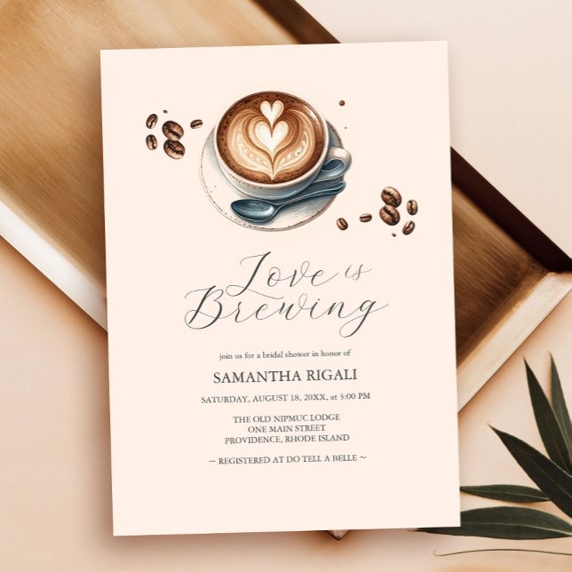 Love is Brewing Coffee Bridal Shower Coffee Invitation (bridal shower invitations simple love is brewing coffee theme with a latte and heart shaped foam)