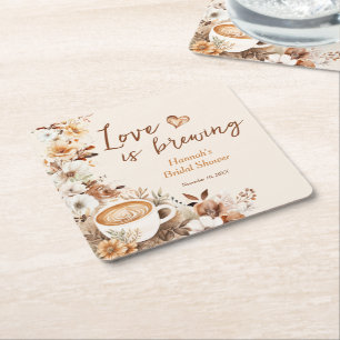 Love is Brewing Coffee Bridal Shower Favour Square Paper Coaster