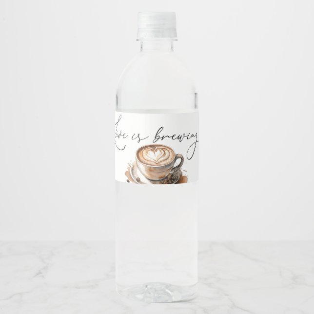 Love is Brewing Coffee Bridal Shower Water Bottle Label (Front)