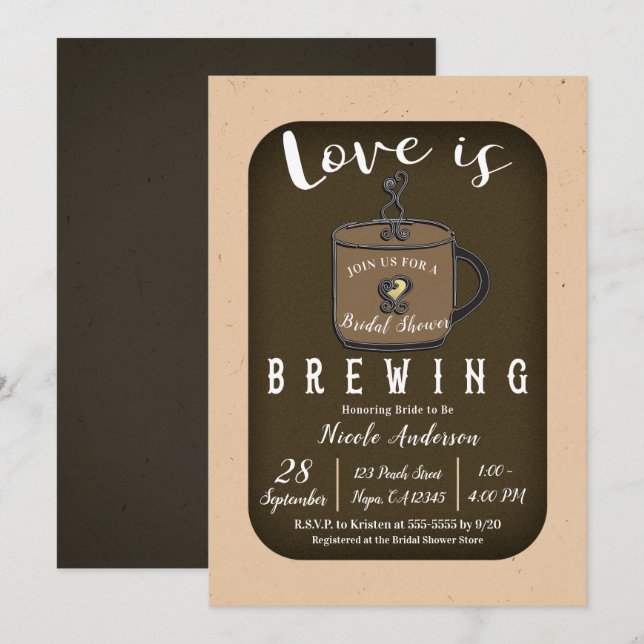 LOVE IS BREWING Coffee Cafe Shop Bridal Shower Invitation (Front/Back)