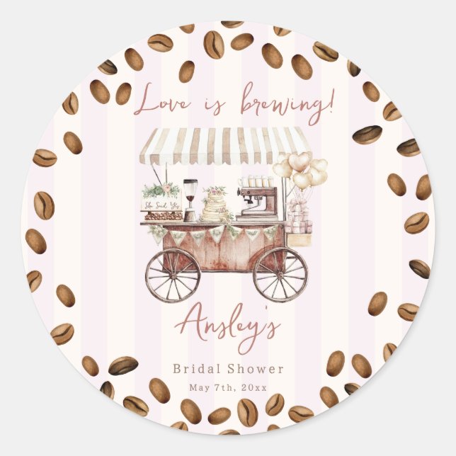 Love Is Brewing Coffee Cart Bridal Wedding Shower  Classic Round Sticker (Front)