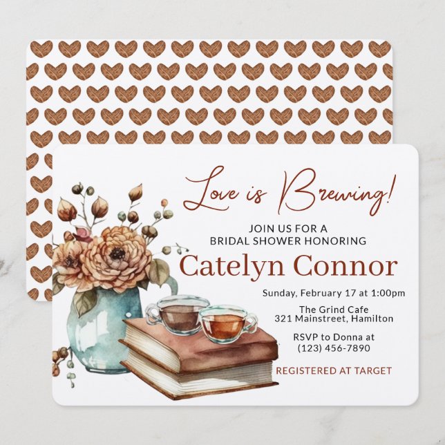 Love is Brewing Coffee Cup and Books Bridal Shower Invitation (Front/Back)