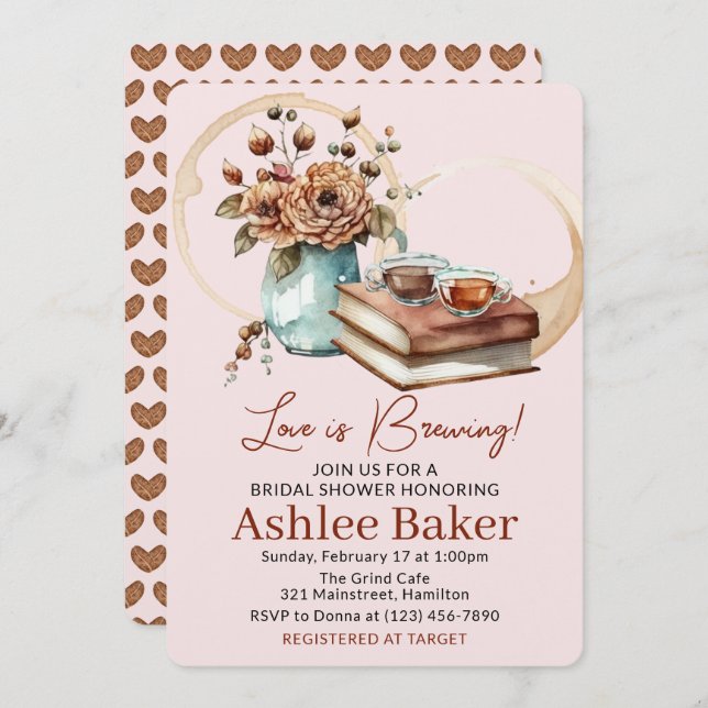 Love is Brewing Coffee Cup and Books Bridal Shower Invitation (Front/Back)