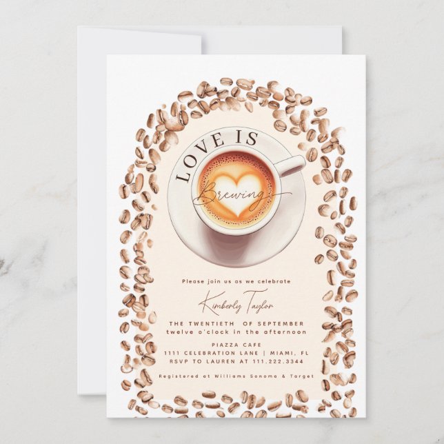 Love is Brewing Coffee Cup Heart Bridal Shower Invitation (Front)