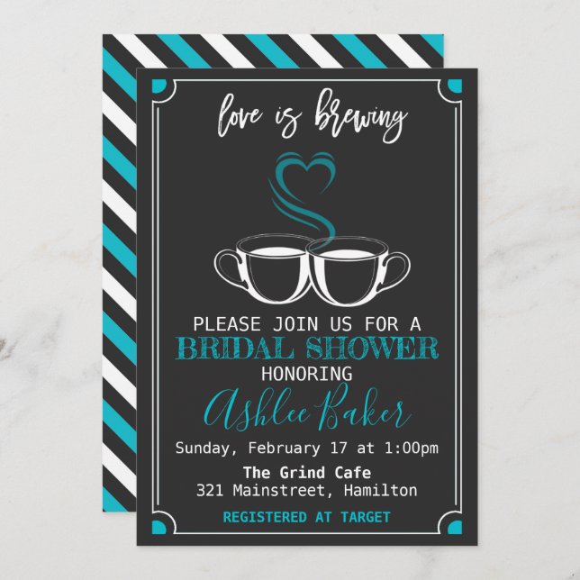 Love is Brewing Coffee Cups Chalkboard Turquoise  Invitation (Front/Back)