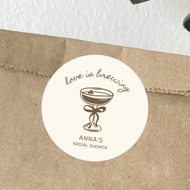 Love is Brewing Coffee Espresso Bridal Shower Classic Round Sticker (love is brewing bridal shower sticker espresso martini hand illustrated)