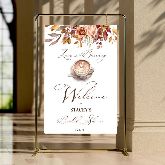 Love is brewing coffee fall bridal shower welcome  poster (Love is brewing coffee fall bridal shower welcome sign poster template personalized entrance decor)