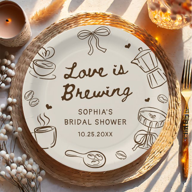 Love is Brewing Coffee Hand Drawn Bridal Shower Paper Plate (Creator Uploaded)