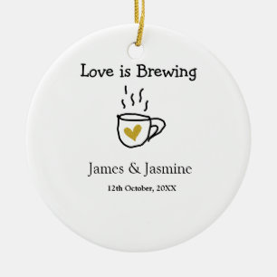 Love is Brewing coffee mug gold heart couple name  Ceramic Tree Decoration