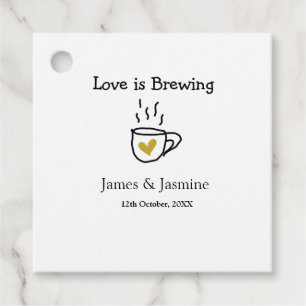 Love is Brewing coffee mug gold heart couple name Favour Tags