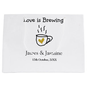 Love is Brewing coffee mug gold heart couple name Large Gift Bag