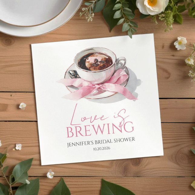 Love Is Brewing Coffee Pink Bow Bridal Shower Napkin (Creator Uploaded)