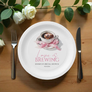Love Is Brewing Coffee Pink Bow Bridal Shower Paper Plate