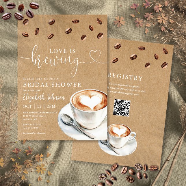 Love Is Brewing Coffee QR Code Bridal Shower Invitation (Love Is Brewing Coffee QR Code Bridal Shower Invitation)