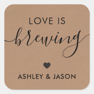Love is Brewing, Coffee Sticker, Wedding, Kraft Square Sticker