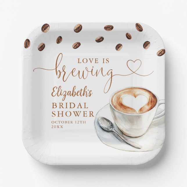 Love Is Brewing Coffee Theme Bridal Shower Paper Plate (Front)