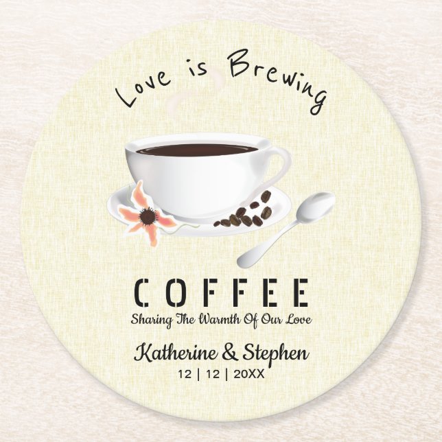 Love Is Brewing Coffee Wedding Favour Round Paper Coaster (Front)
