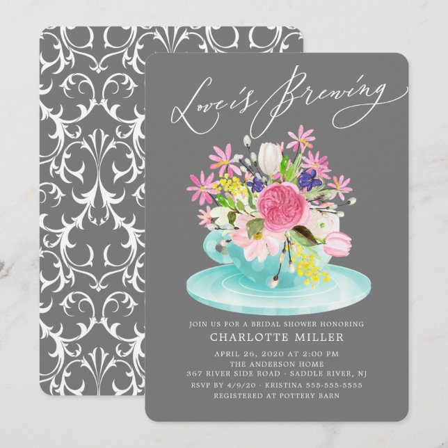Love is Brewing Colourful Floral Bridal Tea Shower Invitation (Front/Back)