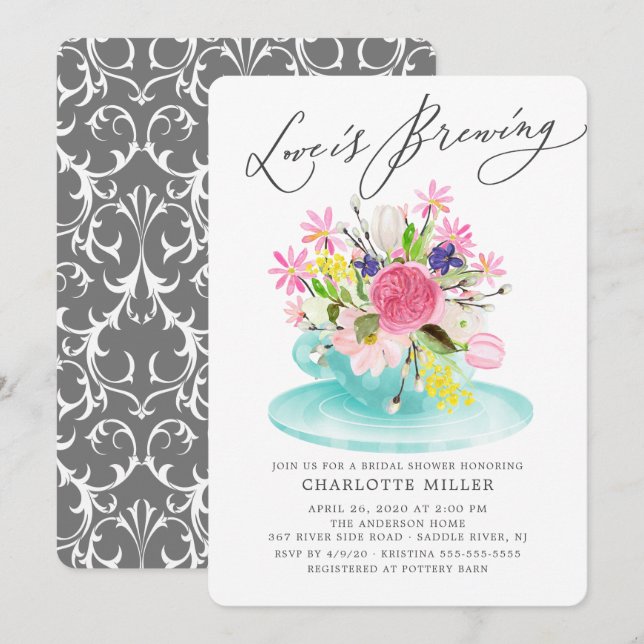 Love is Brewing Colourful Floral Bridal Tea Shower Invitation (Front/Back)