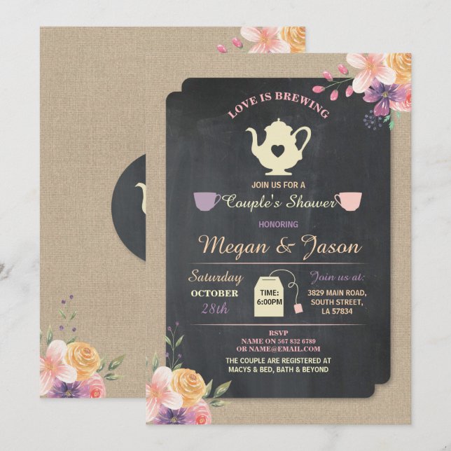 LOVE IS BREWING Couple's Shower Tea Teapot Invite (Front/Back)