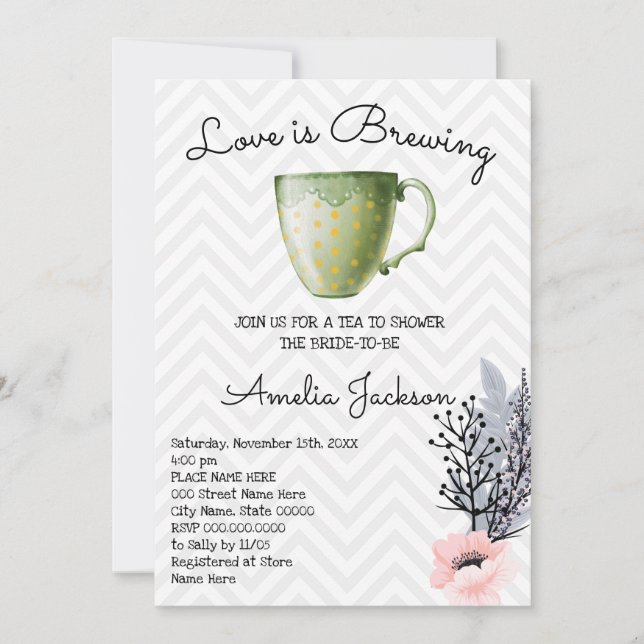 Love is Brewing Elegant Flowers Tea Bridal Shower  Invitation (Front)