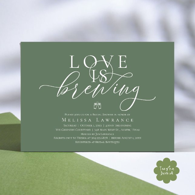 Love Is Brewing Elegant Script Bridal Shower Invitation (Love Is Brewing Modern Classy Elegant Script Bridal Shower Invitation Card in Sage Green)