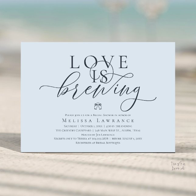 Love Is Brewing Elegant Script Bridal Shower Invitation (Love Is Brewing Modern Classy Elegant Script Bridal Shower Invitation Card in Misty Blue)